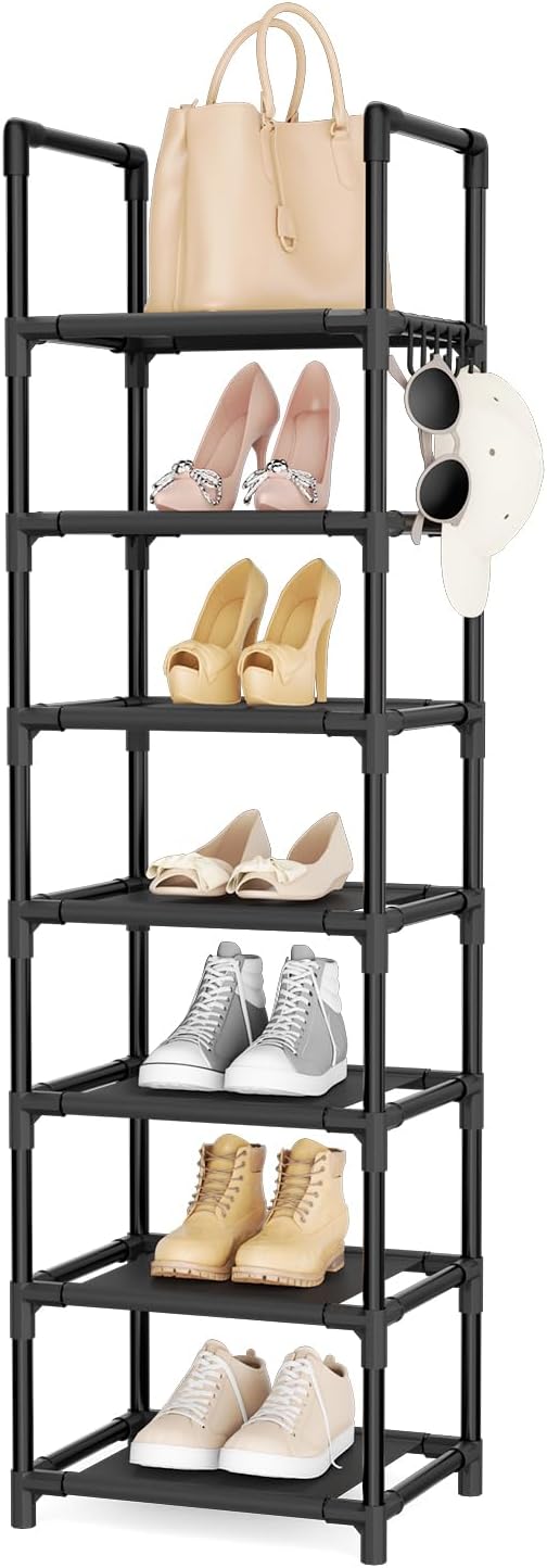 LANTEFUL Tall Shoe Rack 7 Tier Narrow Shoe Shelf Storage for 7-14 Pairs Shoe and Boot, Sturdy Shoe Storage Space Saving Corne