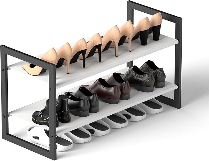 2-Tier Shoe Rack for Closet & Entryway, Stackable Shoe Organizer, Screw-Fastened Metal Frame for Less Wobble, Heel-Friendly N