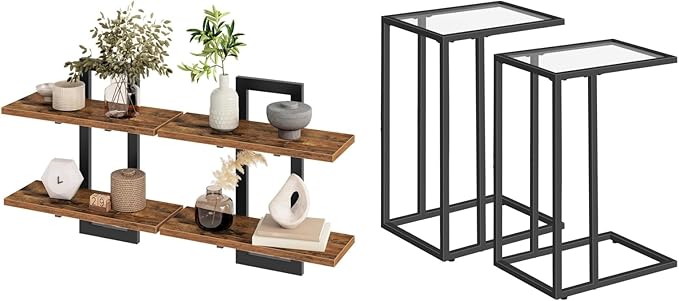 HOOBRO Floating Shelves and C Shaped End Table, 15 Inch Wall Shelf Set of 2, Wall Mounted Storage Shelves 2-Tier, Side Table 