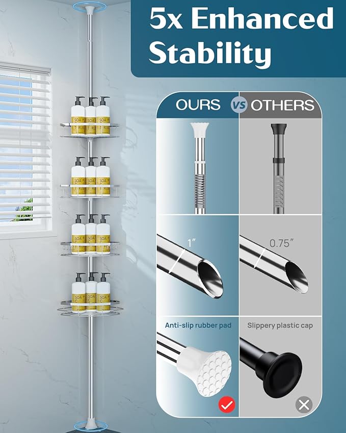 SEIRIONE Rustproof Shower Corner Caddy Organizer for Bathroom, 4 Adjustable Shelves with Tension Pole, for Bathtub Shampoo Ac