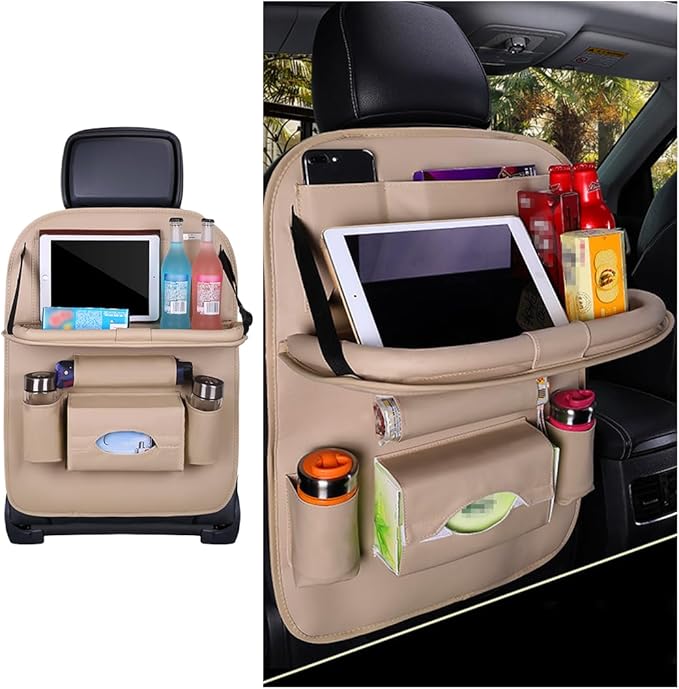 Car Seat Back Organizer, Leather Vehicle Seatback Storage Pocket with Foldable Table Tray, Multifunctional Automotive Backsea