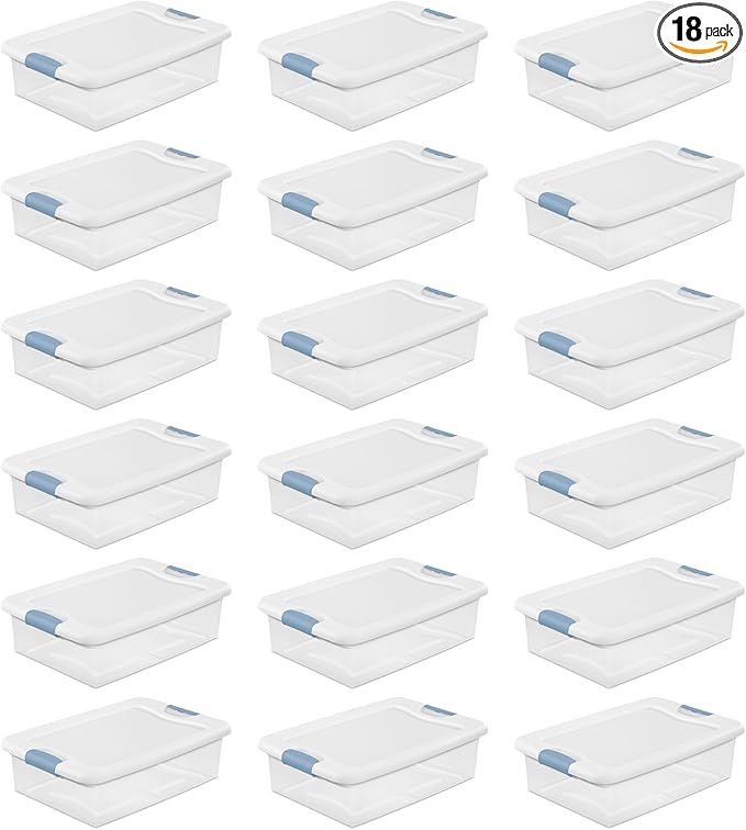 Sterilite 18-Pack Latching Box, Under Bed Storage Bins with Lids, Clear Plastic, 32 Quart - Heavy-Duty Organizing Containers 