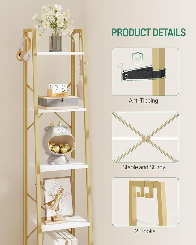 Hzuaneri Ladder Shelf, Bookshelf Bookcase, Freestanding Corner Storage Shelve with 2 Hooks for Home Office, Living Room, Kitc