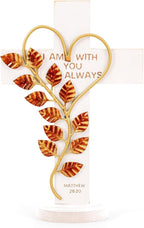 Wooden Wall Cross with Iron Heart Leaf Decorated with Hook and Base Hanging Wall Or Table Cross with Matthew 28:20 For Church