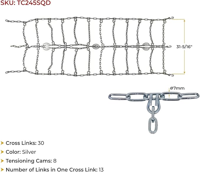 Mytee Products CAM Square Link Dual Snow Tire Chain Compatible w/ 24.5" Rim Diameter & 11" Wide Car Pickup Low-duty Trucks SU