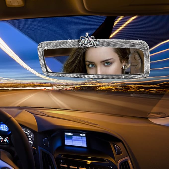 Bling Rhinestone Rear View Mirror Cover, Car Rea r Views Mirro r with Crystal Diamonds Bling Rhinestones Ca r Rears Vie w Mirrors Cars Interior Trim(White,Size:1.56x1.18inch)