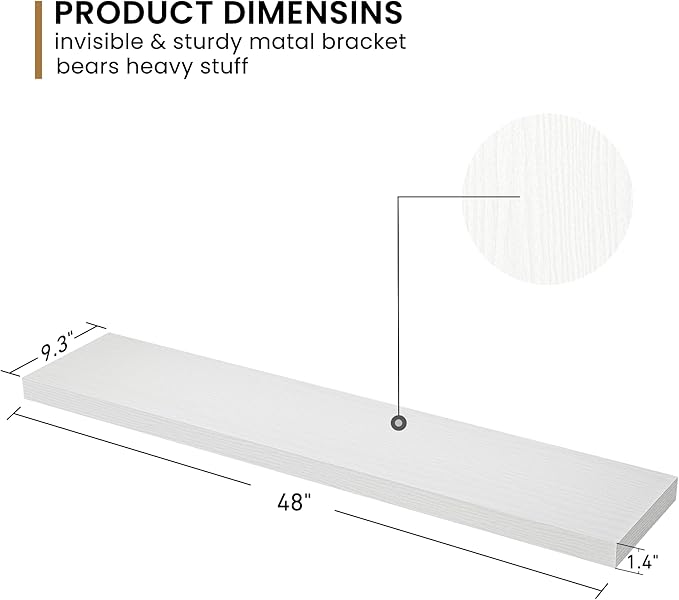 Fun Memories 48Inch Floating Shelves, 9.3Inch Deep Rustic Wall Shelves - Extra Deeper & Thicker Wall Mounted Storage Shelf fo