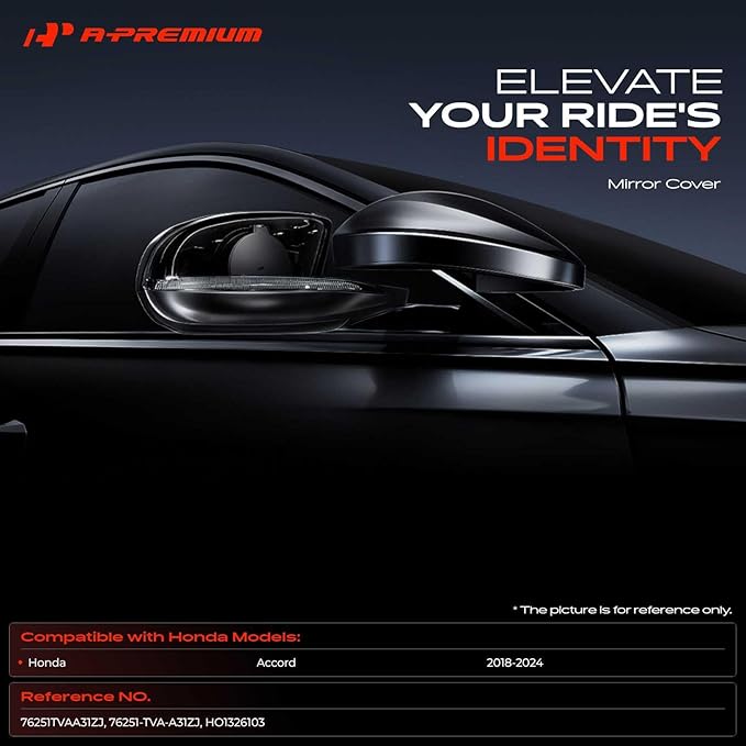 A-Premium Driver Side Rearview Mirror Cover Cap - Compatible with Honda Accord 2018-2024 - Smooth Black, with Turn Signal Hole