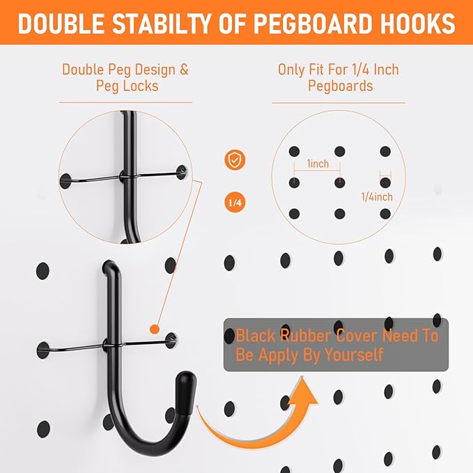INCLY 176PCS Extra Thick Pegboard Hooks, 1/4" Heavy Duty Black Metal Peg Board Hooks Assortment with Peg Locks Pegboard Acces