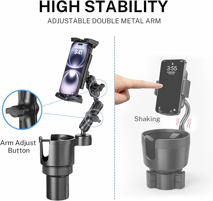 OHLPRO Cup Holder Tablet Mount for Car, iPad Car Mount with Heavy Duty Aluminum Arm, Adjustable Tablet Holder for 5–13” Devices, Cup Holder Expander Fits 2.6”–3.9” Vehicles - 6 inch Arm