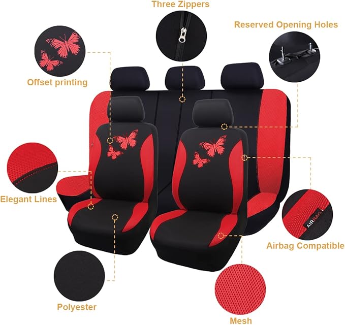 Flying Banner Butterfly car seat Covers ful Set Fashion Universal Lady Woman Female Rear Bench Split Colorized (Full Set, Red