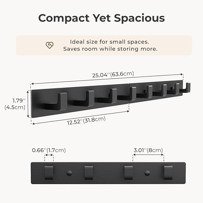 GWAAZXGZ Black Wall Mounted Coat Rack- 2 Modular Rails (25'' Total), 8 Right-Angle Hooks, Modern Organizer for Entryway, Bath
