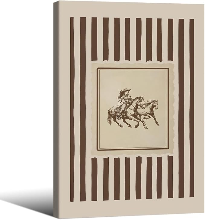 Retro Western Framed Wall Art Striped Rodeo Decor Southwest Cowboy Poster Canvas Prints 20x30 in Vintage Stamp Mid West Cowgi