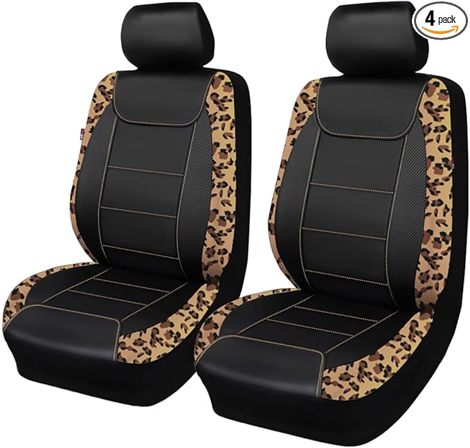 Flying Banner car seat Covers Protects Leopard Printing Velvet Faux Leather Carbon Fiber Front Pair Carbon Fibre (Leopard Bla