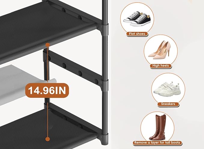 LUKYTOWER Extra Long Shoe Rack 4 Tier Shoe Storage Organizer with 2 Hooks, Wide Stackable Shoe Organizer Racks for Closet Ent