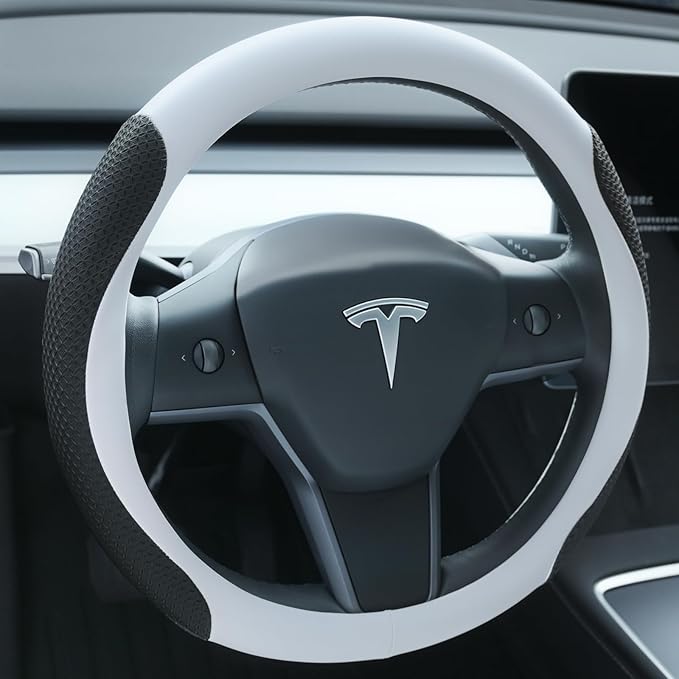 Premium Leather Steering Wheel Cover for Tesla Model 3/Y 2016-2025 2026 Juniper/Highland, Non-Slip Breathable Tesla Model 3/Y Steering Wheel Protector, White