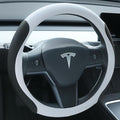 Premium Leather Steering Wheel Cover for Tesla Model 3/Y 2016-2025 2026 Juniper/Highland, Non-Slip Breathable Tesla Model 3/Y Steering Wheel Protector, White