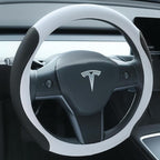 Premium Leather Steering Wheel Cover for Tesla Model 3/Y 2016-2025 2026 Juniper/Highland, Non-Slip Breathable Tesla Model 3/Y Steering Wheel Protector, White