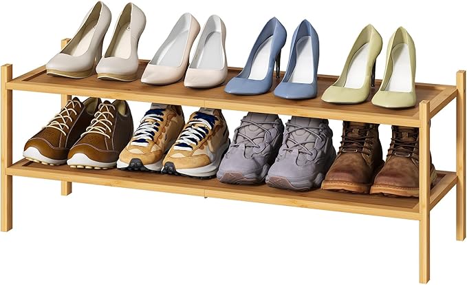 kiplant Long Shoe Rack, 2-Tier Bamboo Wood Shoe Rack, Stackable for Closet, Entryway & Hallway