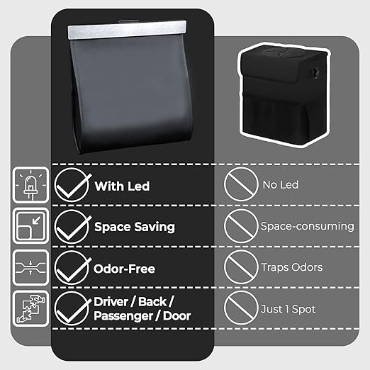 COZILO Leather Car Trash Can with Smart LED Light & Magnetic Closure,Leak-Proof, Odor-Lock Car Trash Bin for Any Cars, Sedans, SUVs, Trucks, Black