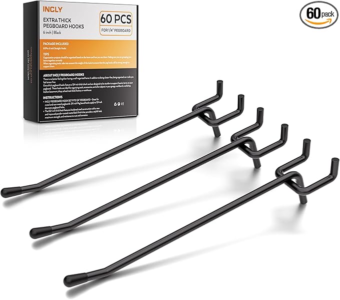 INCLY 60 Pack 6 Inch Black Pegboard Hooks, 1/4" Heavy Duty Peg Board Shelving Hooks Accessories, Peg Board Tool Hangers Only 