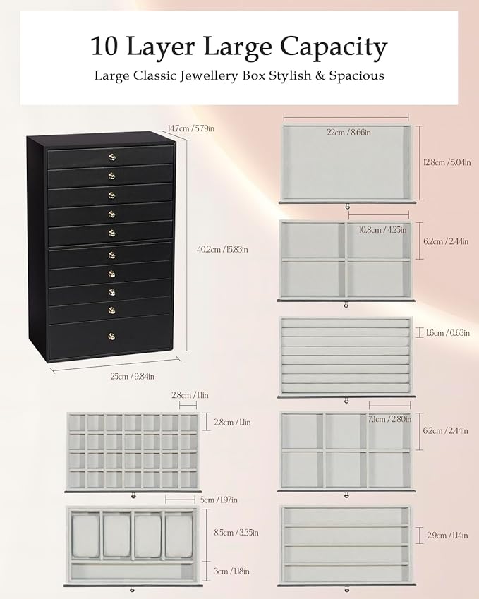 GUKA Large Jewelry Box, Jewelry Case with 10 Drawers for Big and Small Jewelry, Jewelry Storage Organizer for Watch Earrings 