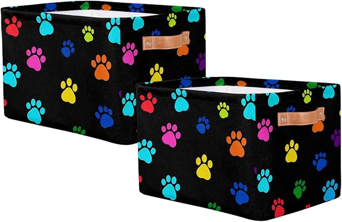 AUUXVA Colorful Paw Print Storage Basket Cube Animal Dog Cat Collapsible Storage Bin with Handle Large Baskets Box Toy Cloth 