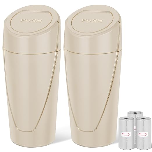 Car Trash Can, 2 Packs Mini Car Trash Bin with Lid, Leakproof Cup Holder Car Garbage Can with 60 Trash Bags, Vehicle Front Back Seat Organizers and Storage for Car, Home, Office, Beige