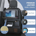 2 Pack Leather Car Backseat Organizer with Foldable Table Tray, Car Seat Back Protector Kick Mats with Tablet Holder, Travel Accessories Storage Organizer