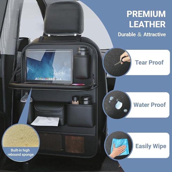 2 Pack Leather Car Backseat Organizer with Foldable Table Tray, Car Seat Back Protector Kick Mats with Tablet Holder, Travel Accessories Storage Organizer