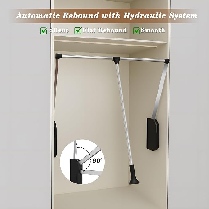 Pull Down Closet Rod Stainless Steel,35"-48" Adjustable Wardrobe Lift Rail Rod,60 lbs Load Capacity,Side & Back Mounted Close