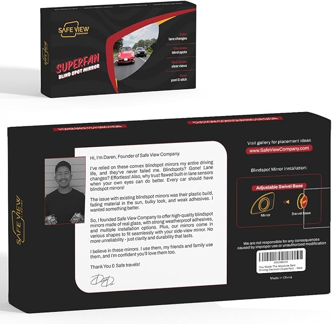 Superfan Blind Spot Mirrors for Cars by Safe View Company – Real Convex Glass for Clear Wide Angle Vision – Safer Lane Changes, Easy Stick-On, Weatherproof & Long Lasting Durability