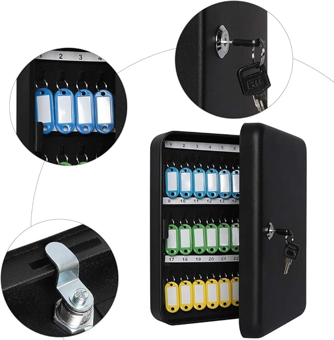 Jssmst Key Lock Box Wall Mount Security Key Storage Box, Locking Key Cabinet Wall Mount with 48 Key Hooks & Tags Key Labels, 