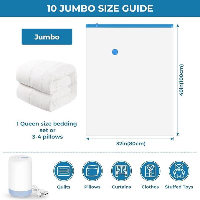 Vacuum Seal Bags for Clothing,10 Jumbo Vacuum Storage Bags with Rechargeable Air Pump,Space Saver Bags for Clothes,Travel Lug