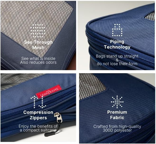 LeanTravel Premium Compression Packing Cubes for Travel - Suitcase Organizer Bags with Double Zipper & Breathable Mesh Panel 