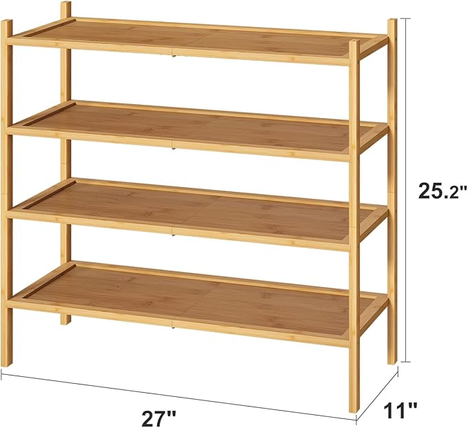 kiplant 4-Tier Shoe Rack for Entryway, Bamboo Wood Shoe Rack 4-Tier, Stackable Shoe Organizer for Closet, Free Standing Shoe 