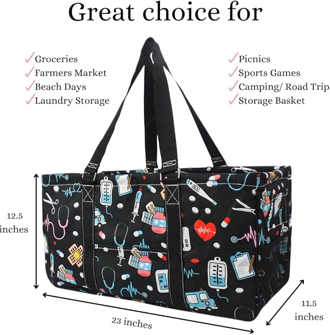 NGIL Extra Large Utility Tote Reusable Grocery Bag Oversized Collapsible for Groceries, Storage, Picnic, Beach (Nurse Print-Black)