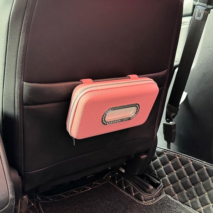 Car Tissue Holder, Sun Visor Napkin Holder, Luxury PU Leather Backseat Tissue Case Holder (Pink)