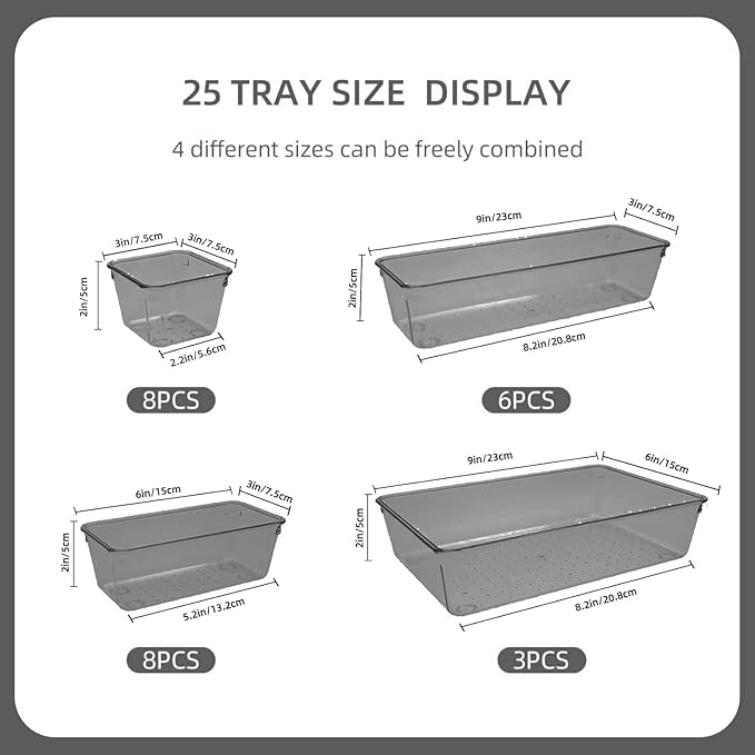 Kitchen Desk Drawer Organizers Storage for Office, Small Acrylic Vanity Trays Makeup Organizer for Drawer Bathroom Plastic Ma