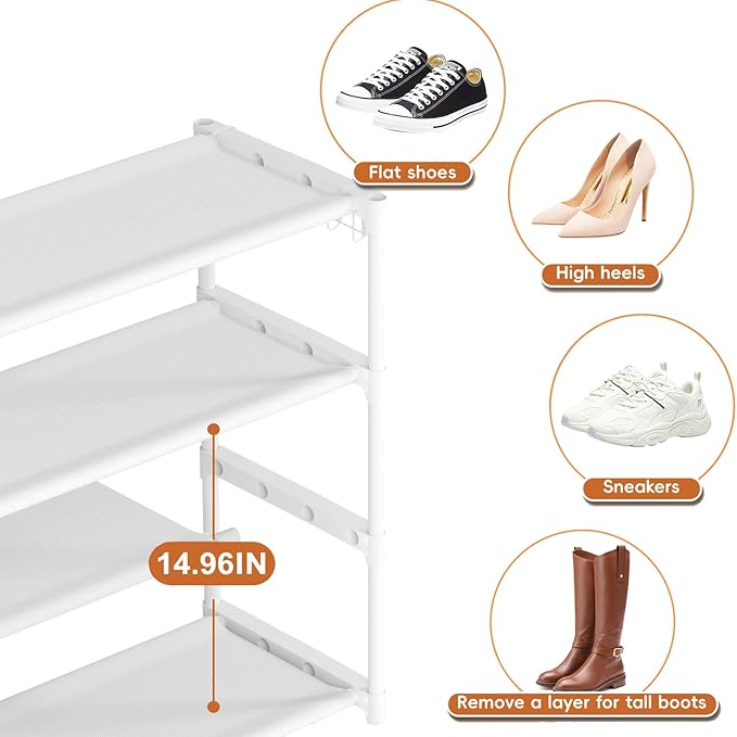 LUKYTOWER Extra Long Shoe Rack 4 Tier Shoe Storage Organizer with 2 Hooks, Wide Stackable Shoe Organizer Racks for Closet Ent