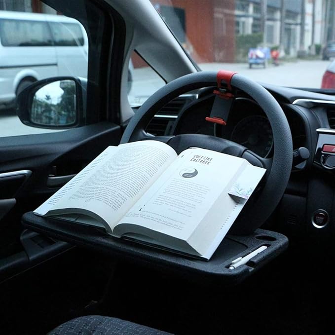 Steering Wheel Desk, Auto Car Steering Wheel Tray for Laptop, Food, Drink, Black ABS Material
