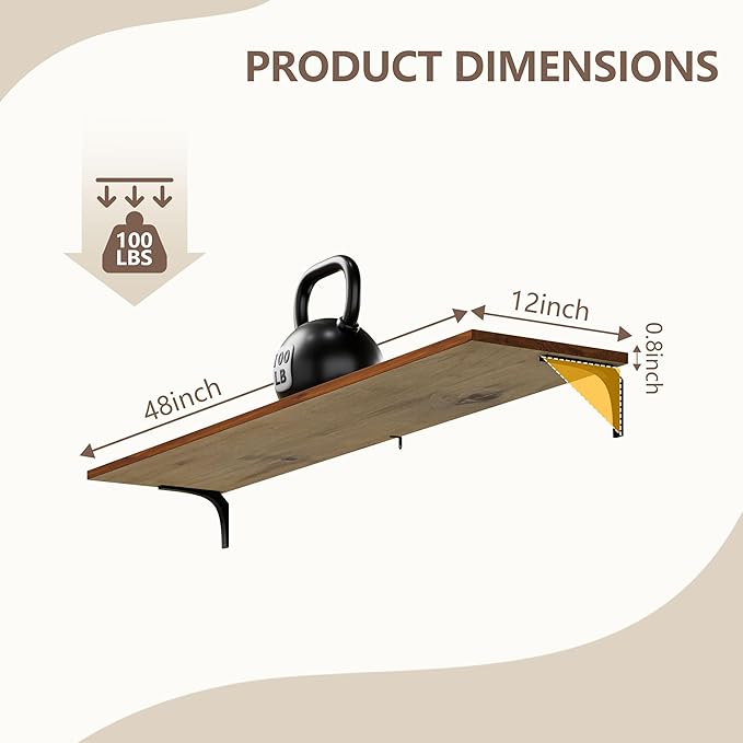 12 Inch Deep Floating Shelves Set of 3, 48 Inch Extra Wide Rustic Walnut Solid Wood Wall Shelves, 4ft Heavy Duty Farmhouse Wa
