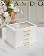 Vlando Jewelry Box for Women, Glass Lid Jewelry Organizer with 4 Drawers for Necklaces Rings Earrings Bracelets Christmas Gif