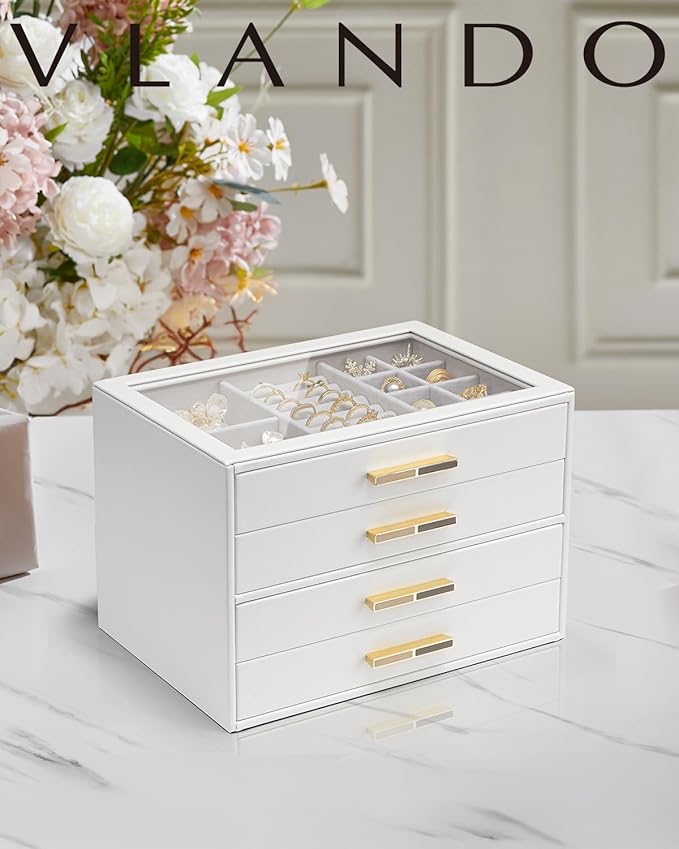 Vlando Jewelry Box for Women, Glass Lid Jewelry Organizer with 4 Drawers for Necklaces Rings Earrings Bracelets Christmas Gif