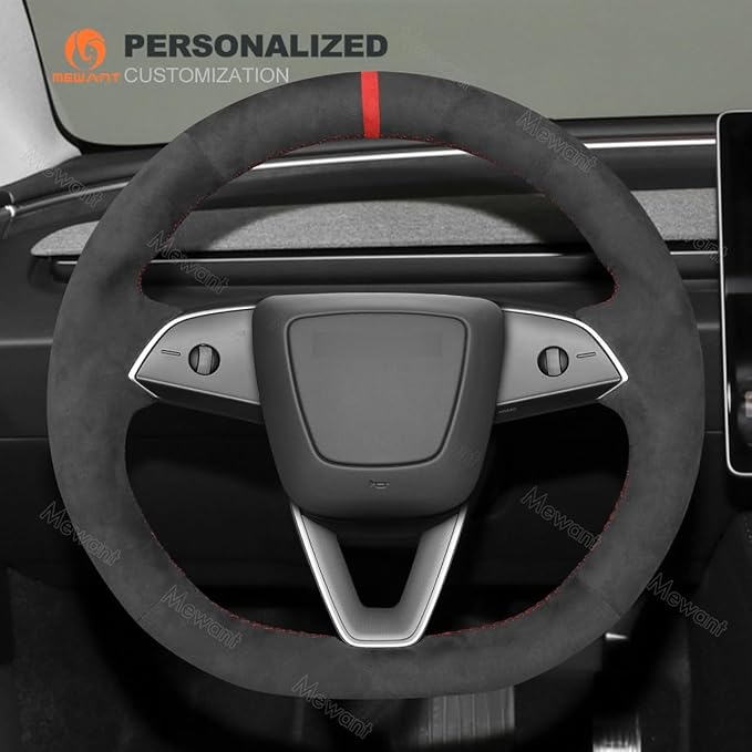MEWANT Hand Stitched Matte Carbon Fiber&PU Leather Steering Wheel Cover Wrap for Tesla Model 3 Highland 2023 2024 2025 Steering Wheel Accessories