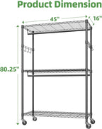 Simple Trending Heavy Duty Clothing Rack 3 Tiers Adjustable Wire Shelving Clothes Rack with Double Rods and Side Hooks, Frees