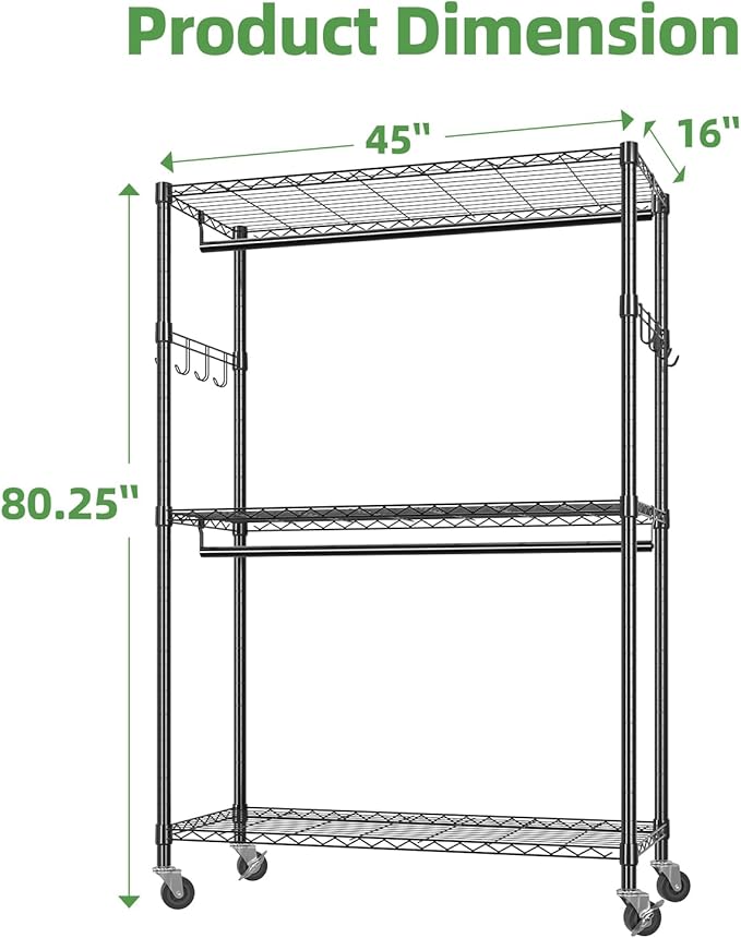 Simple Trending Heavy Duty Clothing Rack 3 Tiers Adjustable Wire Shelving Clothes Rack with Double Rods and Side Hooks, Frees