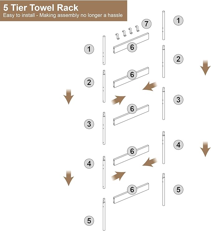 Blanket Ladder, 5-Tier Towel Holder with 4 Removable Hooks, Farmhouse Wall Leaning Decorative Rack Shelf, Wooden Towel Displa