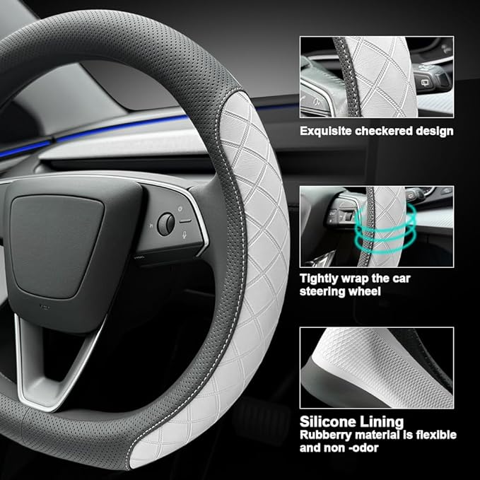 LKWLIKEI Leather Steering Wheel Cover. Elegant Diamond Checkered Design, Non-Slip and Breathable, for Tesla Model 3/Y Steerin