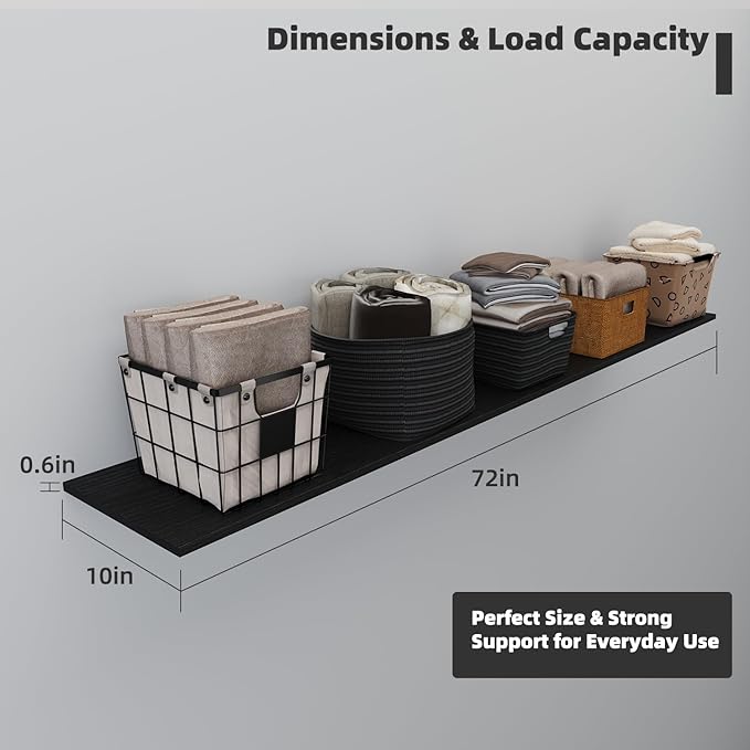 Floating Shelf Board for Wall 5/8" – 1 Pack Board Only, No Brackets – 72"L x 10"W x 0.6"T Black Melamine Wood Floating Shelve